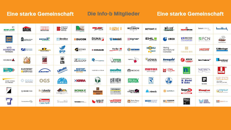 Rastergestalt aus den Logos der Mitglieder der Informationsgemeinschaft Betonwerkstein auf orangefarbenem Hintergrund